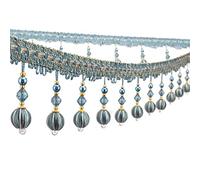 Yalulu Ruban décoratif à franges de 1,1 m avec pompons - Perles suspendues - Ruban à franges - Ruban en tissu à franges - Bordure décorative - Gris et bleu