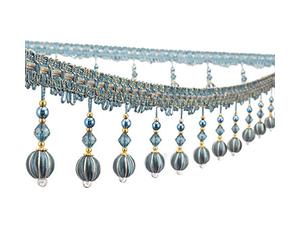 Yalulu Ruban décoratif à franges de 1,1 m avec pompons - Perles suspendues - Ruban à franges - Ruban en tissu à franges - Bordure décorative - Gris et bleu