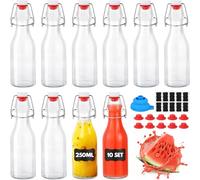 YAMAIDUO Lot de 10 Bouteille Verre 250ml, Bouteille en Verre avec Bouchon Mécanique avec 10 sceaux, 10 étiquettes, entonnoir pour le Brassage de Bière, Liqueurs, Huile, Jus, Condiments