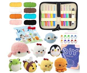 YAMAXIN Lot de 8 crochets et crochets de 2,0 à 6,0 mm - Pour débutants - Baleine, poussin, pingouin, abeille, grenouille, pieuvre, débutant Amigurumi - Kit de tricot et fil (8 animaux avec crochets