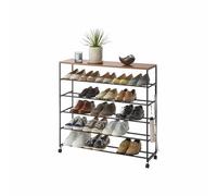 YAMAZAKI 1466 Tower Étagère à Chaussures à 5 Niveaux avec Tablette en Bois et roulettes, Noir, Acier/Bois/Nylon, Minimaliste, 90.5x26x87 cm