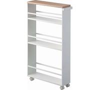 Yamazaki Home Chariot de cuisine Chariot de niche étroit à roulettes blanc Chariot en métal 3 niveaux et étagère en bois 13x80x47cm