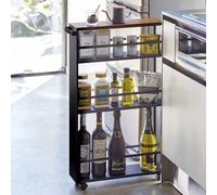 Yamazaki Home Chariot de cuisine Chariot de niche étroit à roulettes noir Chariot métallique 3 niveaux et étagère en bois 13x80x47cm