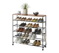 YAMAZAKI Home Tower Étagère à Chaussures roulante à Cinq Niveaux, Cadre en Acier avec Dessus en Bois, Organiseur à Chaussures Peu encombrant sur roulettes, 86,4 cm - Acier + Bois