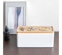 YAMAZAKI 5811 RIN 3~Tiered Slim Accessory Case with Lid, white, ABS Resin/Wood, 24 x 8 x 11.5 cm