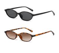 YAMEIZE Lunettes de Soleil Rétro Ovales Œil de chat pour Femmes Lunettes Vintage des Années 90 Petites Lunettes Ovales Nuances Étroite UV400 Noir+LeoMarron