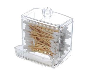 YAMHOHO Distributeur de boules de cotons-tiges, boîte de rangement pour pot de salle de bain, pot à médicament transparent, distributeur de tampons de cotons-tiges, couvercle en bambou (carré