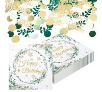 Yamitora Happy Brithday Lot de 40 serviettes en papier avec confettis - Décoration de table d'anniversaire pour homme et femme - Motif eucalyptus