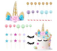 Yamitora Lot de 32 décorations de gâteau licorne 3D - Oreilles de corne mignonnes et cils - Décoration de gâteau pour fête, anniversaire, mariage, Noël