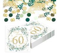 Yamitora Lot de 40 serviettes en papier avec confettis pour le 60e anniversaire - Motif eucalyptus - Décoration de table pour homme et femme