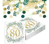 Yamitora Lot de 40 serviettes en papier pour 80e anniversaire - Motif eucalyptus - Avec confettis - Décoration de table pour 80e anniversaire homme femme anniversaire fête déco
