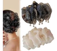 Yamloveme Fan Tassel Hair Claw Clip, Fan Tassel Hair Claw Clip, Fluffy Tassel High Top Hair Volume Shark Clip, Rhinestone Mesh Hair Scrunchie, Hairs Bow Clips With Tassel (White+Black)