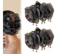 Yamloveme Fan Tassel Hair Claw Clip, Fan Tassel Hair Claw Clip, Fluffy Tassel High Top Hair Volume Shark Clip, Rhinestone Mesh Hair Scrunchie, Hairs Bow Clips With Tassel (Black*2)