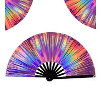 Yamobi 1 pièce grande éventail pliable pour rave, éventail à claque, couleurs laser holographiques, idéal pour les festivals, fêtes, soirée disco, décoration d'intérieur