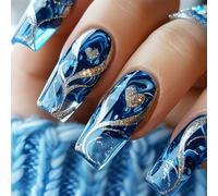 Yamobi 24 Pièces Courbes Dorées, Stickers Ongles, Ongles Gel Souple, Carrés Français, Ongles Cœur, pour Art de Manucure de Fête (Bleu-Gradué)