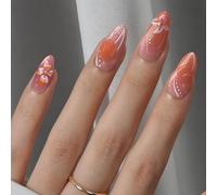 Yamobi 24 Pièces Ongles à Presser Courts, Amande Design 3D Fleur, Effet Vagues d'Eau, Ongles Glossy de Printemps Faux Ongles avec Colle à Ongles, Rouge French Ongles Artificiels