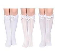 Yamobi 3 paires de chaussettes Oktoberfest pour femmes, longues chaussettes avec rubans, embellissement en dentelle et volants, satin blanc pour fête folklorique Oktoberfest