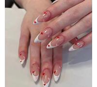 Yamobi Lot de 24 faux ongles à presser en forme de cœur, amande, taille moyenne, French Tip, avec design en cœur, réutilisables, brillants, pour la Saint-Valentin