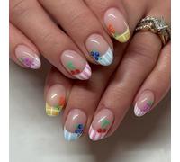 Yamobi Lot de 24 faux ongles courts ovales avec rayures colorées et motifs fruits d'été, finition gel brillant, réutilisables en acrylique