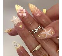 Yamobi Lot de 24 faux ongles d'été à coller - Almond French Nails avec fleurs 3D et étoile de mer - Perles dorées - En acrylique - Fabriqués à la main