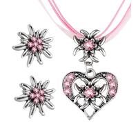 Yamobi Lot de 3 bijoux de costume traditionnel Dirndl pour femme avec pendentif en forme de cœur edelweiss en strass et boucles d'oreilles edelweiss pour Dirndl pour filles, Rose, L