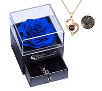 Yamonic Rose Eternelle avec Bijoux Coffret Cadeau Femme,Rose Préservée avec Collier Femme,Fleur Éternelle Cadeau Anniversaire Femme, Cadeaux Maman,Cadeaux Noel Saint-Valentin Fête des Mères,Vraie Rose