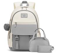 YAMTION Sac à dos d'école 3 pièces pour adolescentes, filles et femmes, ensemble de sac à dos kawaii avec sac à déjeuner et trousse à crayons pour l'école, Gris Beige, 15.6 inch, Décontracté