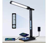 YAMYONE Lampe de Bureau LED avec Chargeur sans Fil & Port USB, Lampe de Table Tactile 5 Couleurs 5 Luminosités Écran LCD 2 Veilleuses Horloge Réveil Température Lampe de Chevet pour Travail Lecture
