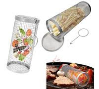 YanBous 2 pièces Paniers de Grillade BBQ, 24 cm × 10 cm, avec deux crochets, Cylindrique, Acier Inoxydable, Parfait pour Poisson, Viande, Légumes