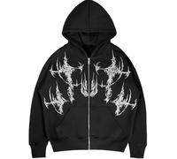 Yancremio Harajuku Décontracté Rétro Gothique Imprimé Mode Sweat À Capuche Zippé Ample Y2k Tendance De La Rue Américaine pour Hommes Hip Hop Punk Sweat À Capuche Ample (Noir,Grand)