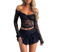 Yancremio Haut À Une Épaule En Tulle Et Jupe Gâteau Élégants Pour Femmes 2 Pièces Y2k Sexy Chaud Mince Chic Mini Jupe Ensemble De Fête De Vacances De Rencontres (Noir,S)