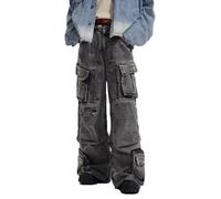 Yancremio Jeans À Jambes Larges Gothiques Punk Tendance Décontractée Rétro Lâche pour Hommes Y2k Harajuku Taille Haute Mode Jeans Multi-Poches Légers en Plein Air (Noir,M)