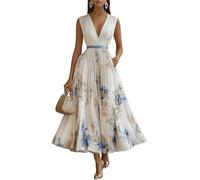 Yancremio Robe D'été Élégante Et Sexy sans Manches À Imprimé Floral pour Femmes Mode Décontractée Taille Haute Cocktail Robes De Vacances en Bord De Mer (Blanc,TTG)