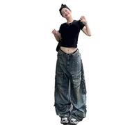 yanenrun Jean Cargo Bleu Y2k pour Femmes, Streetwear Trash des Années 2000, Pantalon en Denim Surdimensionné, Pantalon en Jean Harajuku, Vêtements Vintage,Bleu,M
