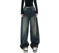 Jean Taille Haute pour Femme, Pantalon en Denim, Jambes Larges, Harajuku, Vintage, Style BF, Streetwear, Ample, Mode Femme,Bleu Profond,S
