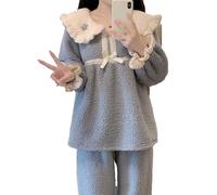 yanenrun Style Coréen Mignon Pyjamas Ensemble pour Femme Hiver Chaud Doux Doux Col De Poupée Rose Bleu Vêtements De Nuit Fille À Manches Longues Homewear,Bleu,XXL