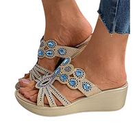 YANFJHV Sandales à talon compensé pour femme - Sandales compensées avec strass - Sandales d'été pour femme - Sandales d'été - Chaussures de soirée - Chaussures de travail - Sandales romaines, bleu, 37