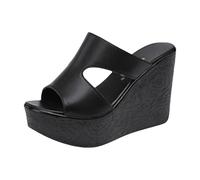 YANFJHV Sandales compensées pour femme - En cuir synthétique - Sandales ouvertes - Plateforme unie - Talons hauts - Bouche de poisson - Antidérapantes - Sandales d'été confortables, Noir , 38 EU
