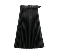 YANGQI Jupe plissée mi-longue pour femmes automne et hiver en simili cuir jupe rétro taille haute pour femmes - Noir, S