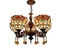 YangRy Retro Tiffany Chandelier Living Room, 8 inch Wide, Coloured Glass Lampshade Crystal Pendant Lights for Bedroom Hotel Dining Room Bar Hanging Light (5 Heads)