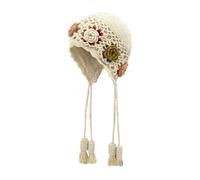 YANGSHINE Bonnet péruvien tricoté à la main avec rabat d'oreille double couche en coton crochet motif floral, beige, Taille unique
