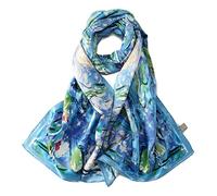 Yangtze Store Longue écharpe en soie Charmeuse pour femme Impression artistique classique Motif floral Bleu 160 x 43 cm, Bleu à motif floral, 63" x 17"