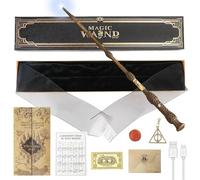 YANGUN Baguette magique lueur Dumbledore - 38 cm - Avec lumière - Chargement USB - Dans une boîte cadeau - Avec cartes de gare, cartes de dicton, colliers, sceaux