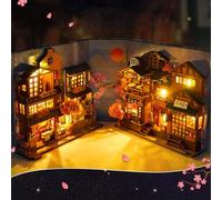 YANGUN Kit de Coin de Livre à Faire Soi-Même, Puzzle 3D Serre-Livres en Bois, Kit de Maison de Poupée Miniature avec Lumières, Kits de Modèles pour Adultes à Construire (Allée des Cerisiers en Fleurs)