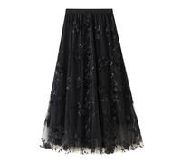 Yanhalo Jupe plissée en tulle pour femme - Taille haute - Taille haute - Jupe midi en maille - Avec décoration florale, Noir , 36