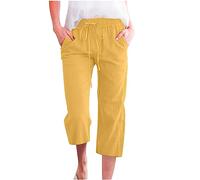Yanhalo Pantacourt d'été décontracté 2024 avec cordon de serrage, taille haute, élastique, en lin, jambe droite, capris de détente pour femme, jaune, 46