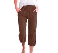 Yanhalo Pantacourt d'été décontracté 2024 avec cordon de serrage, taille haute, élastique, en lin, jambe droite, capris de détente pour femme, café, 40