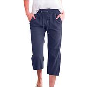Yanhalo Pantacourt d'été décontracté 2024 avec cordon de serrage, taille haute, élastique, en lin, jambe droite, capris de détente pour femme, bleu marine, 42