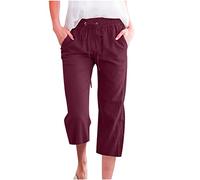 Yanhalo Pantacourt d'été décontracté 2024 avec cordon de serrage, taille haute, élastique, en lin, jambe droite, capris de détente pour femme, Fil rouge, 48