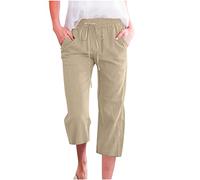 Yanhalo Pantacourt d'été décontracté 2024 avec cordon de serrage, taille haute, élastique, en lin, jambe droite, capris de détente pour femme, kaki, 40